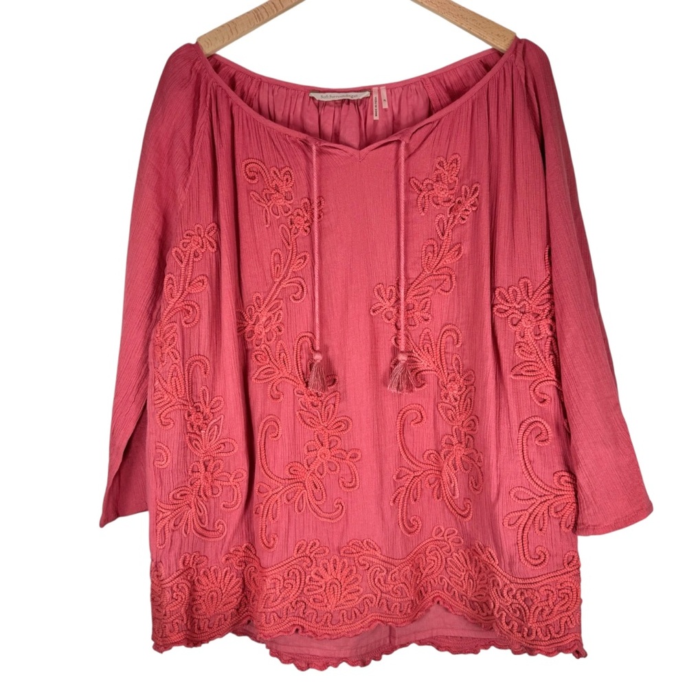 Soft Surroundings Embroidered Boho Tunic Top Petite Large Coral V Neck Tassel
